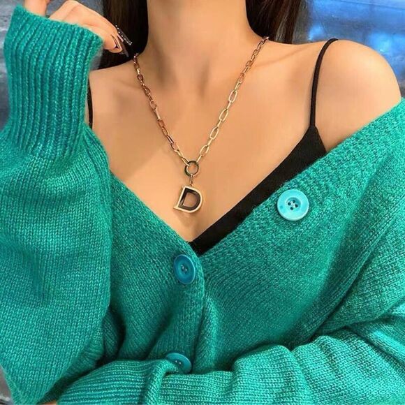 Designer Inspired Gold  Plated Black D Necklace - Picture 2 of 15